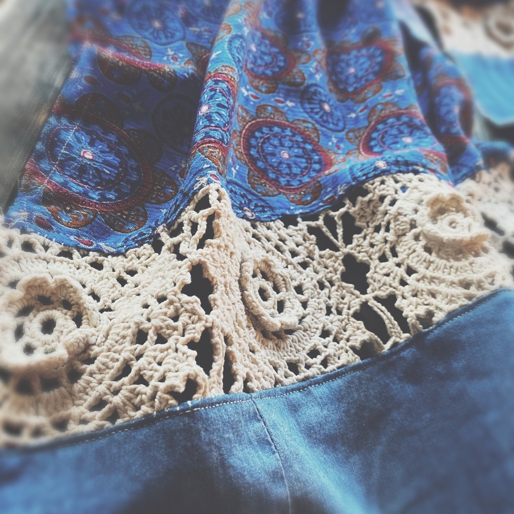 OOAK Artisan Denim Flair Raw Hem Wrap - 134” Long Aztec Medallion Scarf - Picture 16 of 16